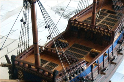 spanish-galleon-reconstruction,-by-john-rivera-resto,-2012,-detail-of-museum-galleon-replica