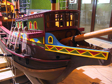 spanish-galleon-reconstruction,-by-john-rivera-resto,-2012,-finished-bow-detailing-and-mast-rigging