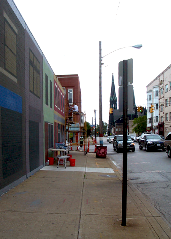 detail of scaffold on sloping sidewalk