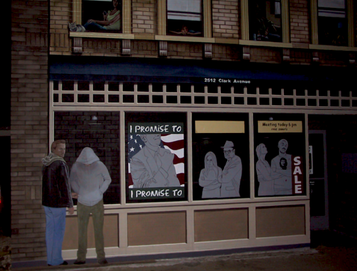 night view of building-1 storefront.
