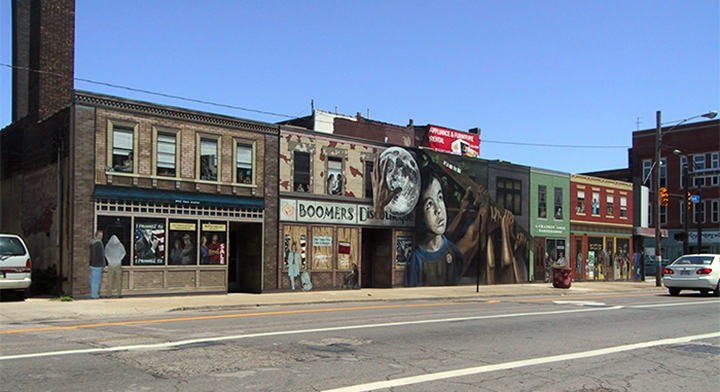 view of the mural painting progress to date from west to east