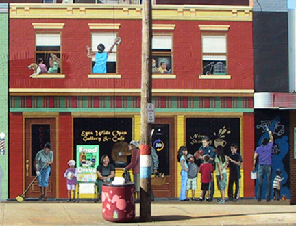 painted section of mural with a protective coating of clear varnish