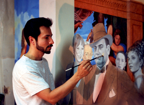 john-rivera-resto-painting-the-thinkers-mural,-cleveland,-ohio,-1994