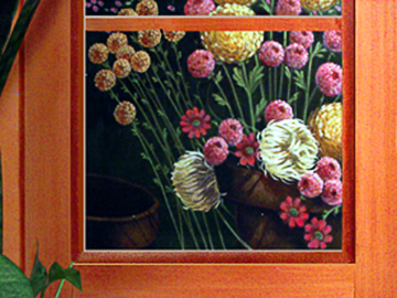 detail of pon-poms and empty flower pot