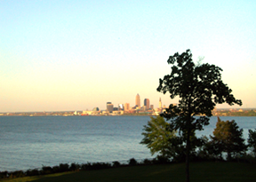 view of cleveland skyline over lake erie